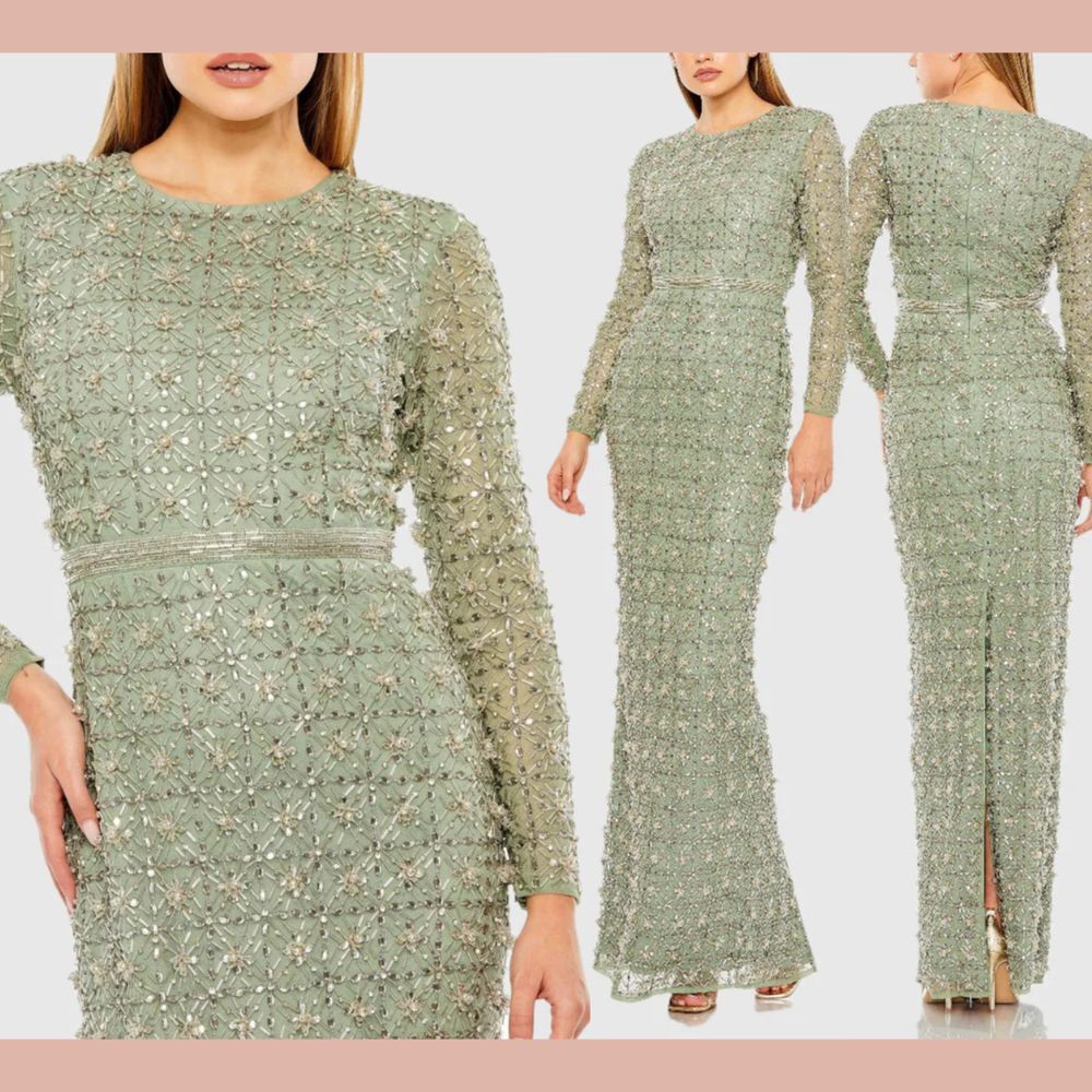 NWT $998 MAC‎ DUGGAL [ 12 ] 93827 Long Sleeve High Neck Beaded Gown Jade green